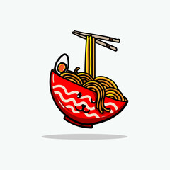 Noodle Pulled by Chopstick In Bowl Cute Kawaii Vector Illustration Art