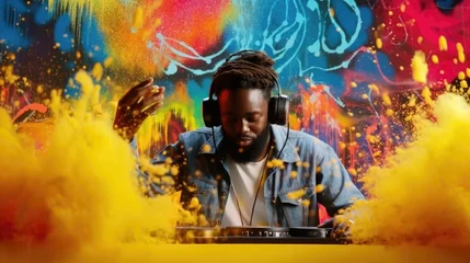 Foto op Canvas candid an excited DJ young african man mixing music at turntables with headphones. beautiful Generative AI AIG32 © Summit Art Creations