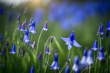 closeup of  bluebell flower, flowers field background, fresh flower photo, beautiful floral image