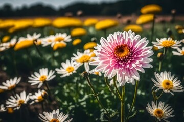 closeup of  chrysanthemum flower, flowers field background, fresh flower photo, beautiful floral image