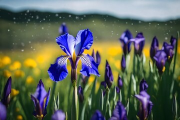 Fototapeta na wymiar closeup of iris flower, flowers field background, fresh flower photo, beautiful floral image