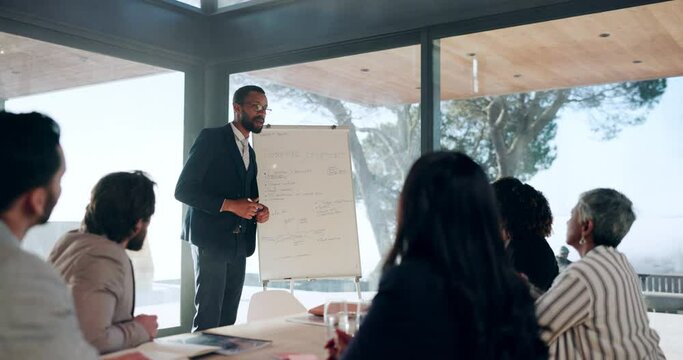 Business people, speaker man and presentation at whiteboard for explain plan or strategy. Corporate team and african person talking at meeting, training or workshop for coaching, feedback or planning