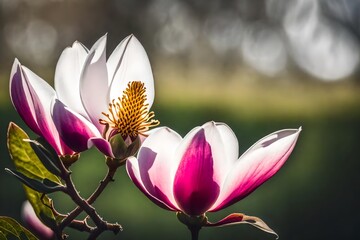 closeup of magnolia against a against flowers field background