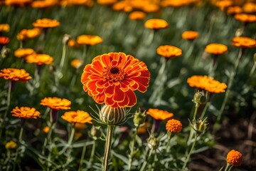 closeup of  marigold flower, flowers field background, fresh flower photo, beautiful floral image