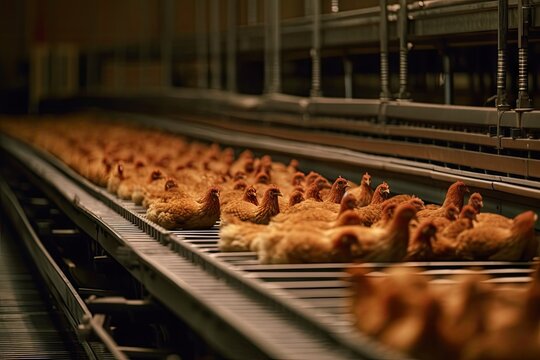 Some Chickens In An Indoor Chicken Incubating Facility That Is Being Used For Food Processing And Other Poultry Products