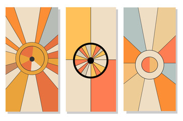 Set of colorful abstract geometric background. Vertical groovy style art. Mobile phone case or wallpaper. Simple shapes design sun, mosaic, ornament, stained glass window. For poster, banner.