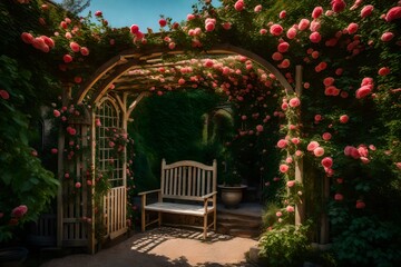 Fototapeta na wymiar Enchanting garden arbor covered in climbing roses, offering a secluded spot for relaxation