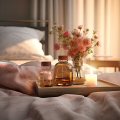 flowers in a glass vase on a tray next to a bottle of perfumes and a bed with white sheets