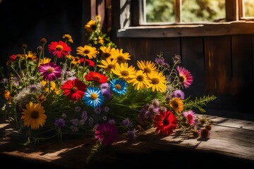 Fototapeta na wymiar a colorful bunch of wild flowers placed on a weathered wooden table in a sunlit room