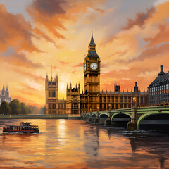 Obraz premium An oil painting of Big Ben at sunset