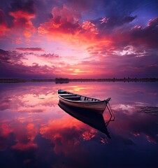 a boat floating in the water at sunset, with pink clouds reflected in the water and reflections on the surface