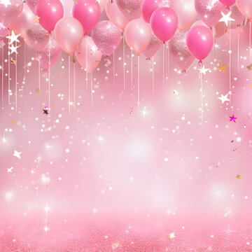 Pink balloons will pink sparkly background with room for design. A copy space perfect for birthday invitations. Generative ai. 