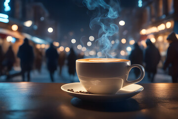 Coffee cup with smoke and abstract bokeh