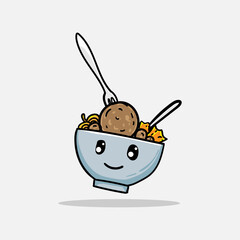 Bakso In a Bowl With Fork And Spoon Cute Kawaii Vector Illustration Art