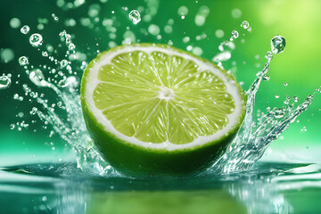 Fresh lime cut in half with water splash isolated on green background.