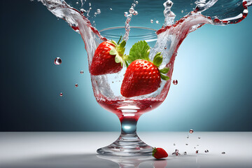 Ice water with strawberry syrup, slices of fresh strawberries, lime and a sprig of mint. Refreshing summer lemonade.