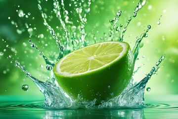 Fresh lime with water splash on green background.