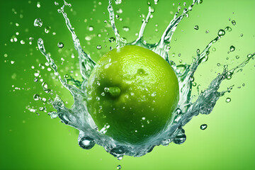 Fresh lime with water splash on green background.