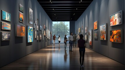 an art gallery with people walking through the gallerys and looking at paintings on the walls are lit by daylight - Powered by Adobe