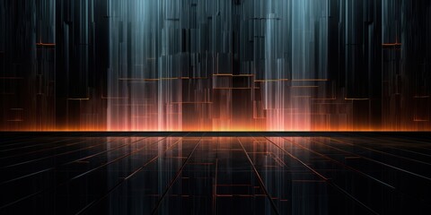 Abstract black wall in a cyberspace room with neon lines in the floor. AI Generation 