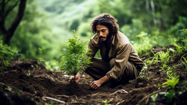 A passionate environmental activist, donned in eco-friendly attire, earnestly planting young saplings in a lush forest, symbolizing dedication to reforestation and sustainability. Generative AI
