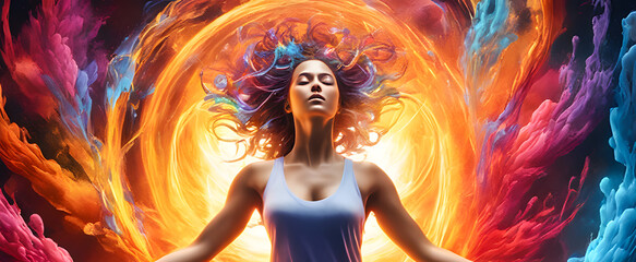 Portrait of a female emitting an explosion vital of energy. Generative Ai
