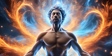 Portrait of a man emitting an explosion vital of energy. Generative Ai
