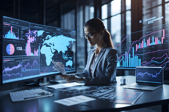 Analyst uses a hologram Showing business analytics dashboard with charts, metrics for operations management.Data analysis.sales, marketing. Generative AI