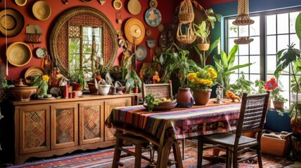 Fototapeta na wymiar Interior design inspiration of Bohemian Eclectic style home dining room loveliness decorated with Rattan and Cotton material and Rug .Generative AI home interior design .