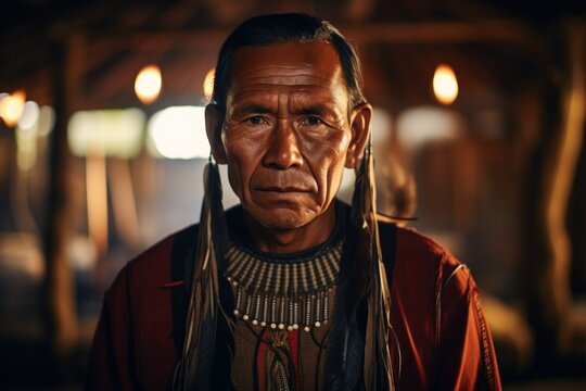 Portrait of a Fictional Indigenous Tribal Native American Indian Person. Generative AI. 
