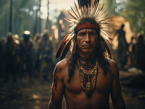 Portrait of a Fictional Indigenous Tribal Native American Indian Man. Generative AI. 