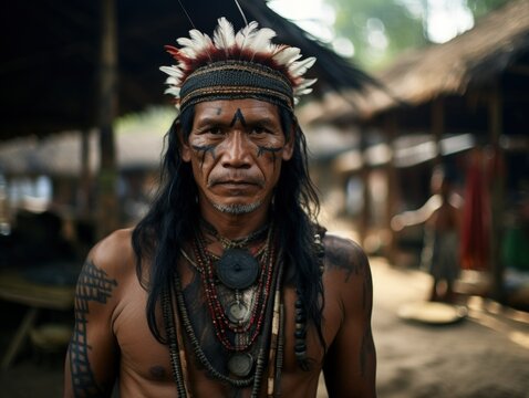 Portrait of a Fictional Indigenous Tribal Native American Indian Man. Generative AI. 