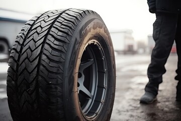 a tire on the side of a road, with a man standing in the background looking at it from behind - obrazy, fototapety, plakaty