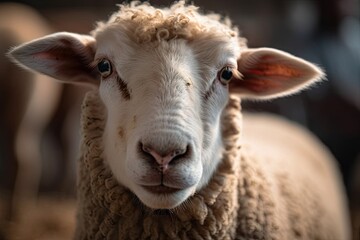 a sheep that is looking at the camera and it's very close up to the camera with its eyes closed - Powered by Adobe