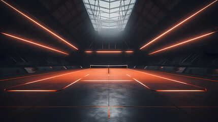 there is a tennis court with a net and lights in the dark Generative AI - obrazy, fototapety, plakaty