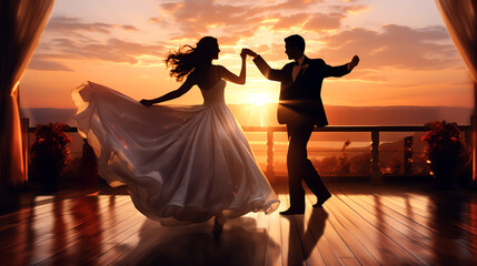 A newlywed couple bride and groom, dressed in elegant wedding attire, joyfully dancing hand in hand under a picturesque sunset backdrop celebrating their love. Generative AI