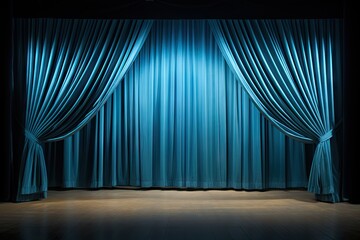Cinema magic. Blue velvet curtain unveiling screen. Elegance in performance. Theater velvet drapes. Grand stage entrance. Opera house