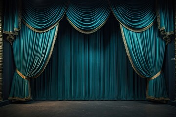 Cinema magic. Blue velvet curtain unveiling screen. Elegance in performance. Theater velvet drapes. Grand stage entrance. Opera house - obrazy, fototapety, plakaty