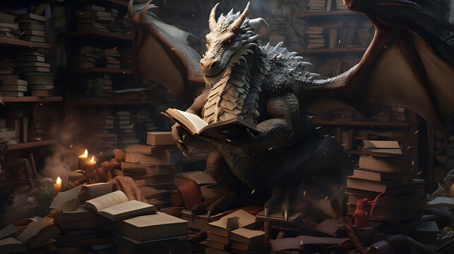there is a dragon that is reading a book in a library Generative AI