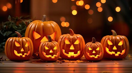 Fototapeta premium halloween pumpkins on a wooden table with bo lights in the background and an orange glow coming from behind them