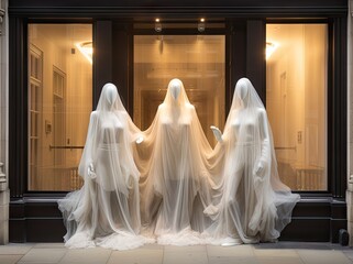 three ghost statues in front of a store window with white cloth draped over their heads and hands on the windows
