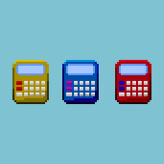 Pixel art sets of calculator with variation color items asset.Yellow,blue,and red calculator on pixelated style.8bits perfect for game asset or design asset element for your game design asset.