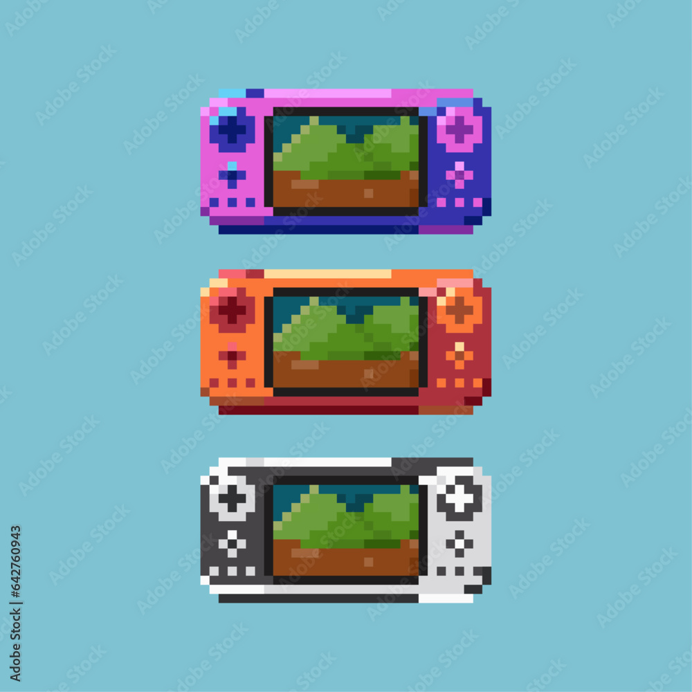 Poster pixel art sets of console game with variation color items asset. playing game portable tools on pixe