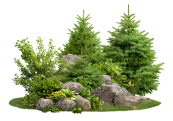 Cutout stones surrounded by fir trees and green plants. Garden design isolated on transparent background. Decorative shrub for landscaping