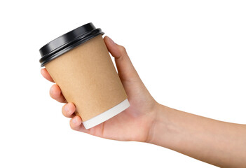 Hand holds coffee paper cup on isolated background.
