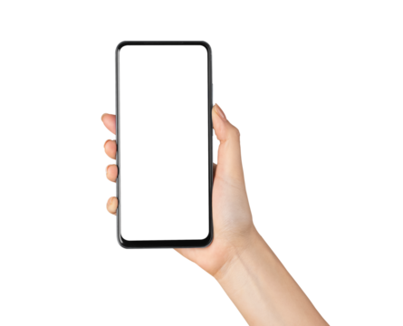 Hand holding the black smartphone with mockup of blank screen on isolated background.