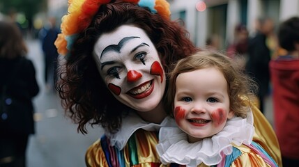 a woman and her child dressed as clowns at the annual festival in london, england on october 11, 2012 - obrazy, fototapety, plakaty