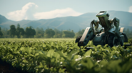Fototapeta na wymiar there is a robot that is sitting in a field of plants Generative AI