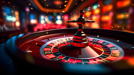 a close up of a roule with a casino wheel in the background Generative AI