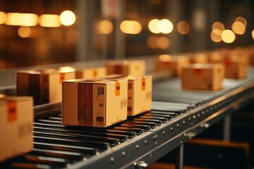 Cardboard box packages moving along a conveyor belt in a warehouse. Generative AI